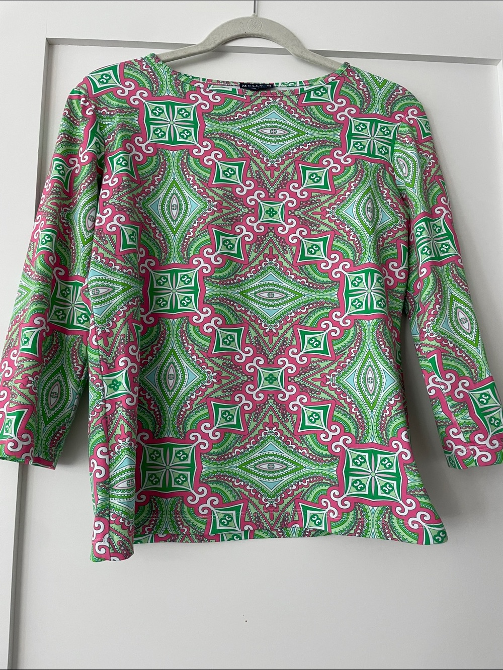 Melly M Pink & Green Geometric Boatneck Long Sleeve Top